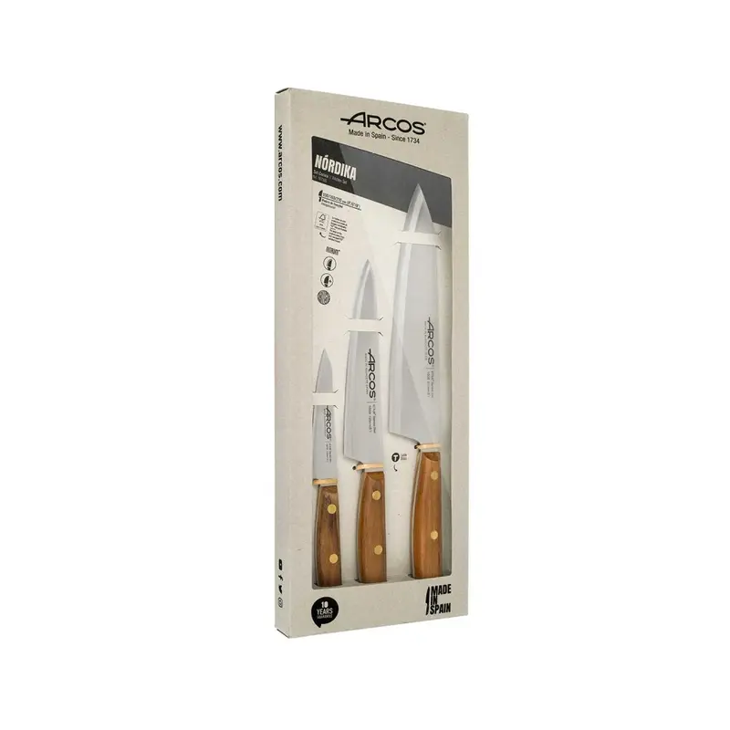 Set de 3 cuchillos lisos de acero inoxidable al nitrógeno, serie Nórdika, 10, 16 y 21 cm - ARCOS
