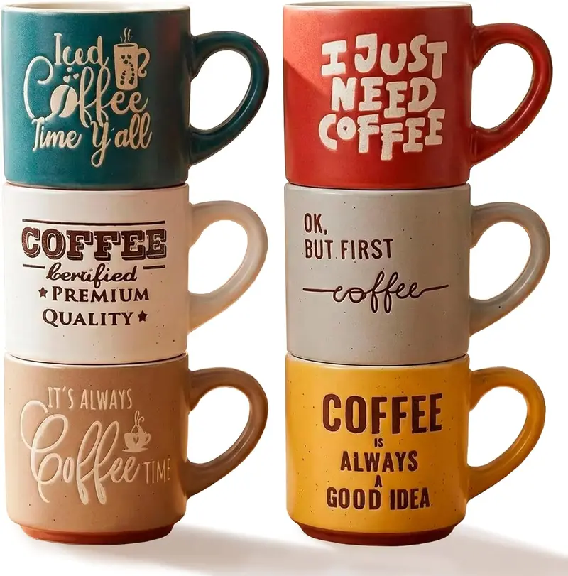 Set de 6 Tazas de Café de Cerámica con Frases Divertidas, Apilables, Aptas para Microondas y Lavavajillas, Caja Regalo (Lungo / Con Leche)