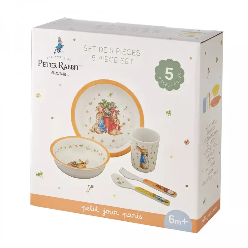 Set de cinco piezas de Peter Rabbit en colores melocoton