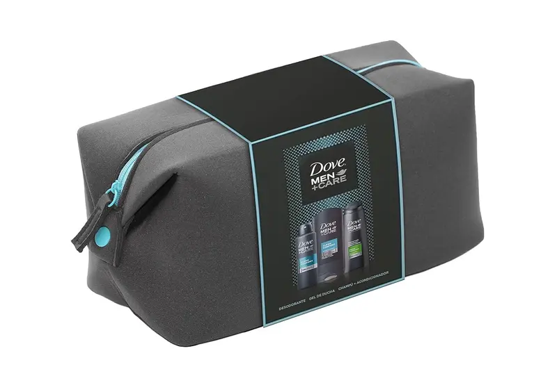 Set de Regalo para Hombre Dove Men+Care con Neceser. Un pack de aseo masculino con Gel de Ducha 400ml, Desodorante 200ml y Champú y Acondicionador 2 en 1 250ml.