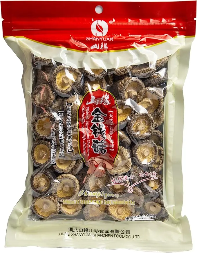 Setas Shiitake Deshidratadas VTKP (90gr). Lentinus Edodes secas de calidad gourmet, tamaño 2-3 cm, ideales para potenciar el sabor umami en tus platos asiáticos y guisos.