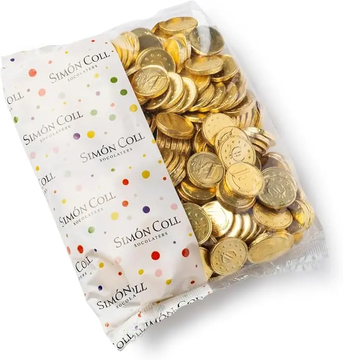 Simón Coll Monedas de Chocolate con Leche (Bolsa 300 uds). Chocolate de alta calidad de maestros chocolateros desde 1840, sin gluten ni aceite de palma. El capricho perfecto para niños gourmets.