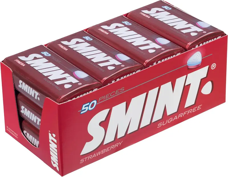 Smint Tin Fresa, pack de 12 latas de 35 gr. Caramelos comprimidos sin azúcar con un delicioso e intenso sabor a fresa para un aliento fresco y afrutado al instante.