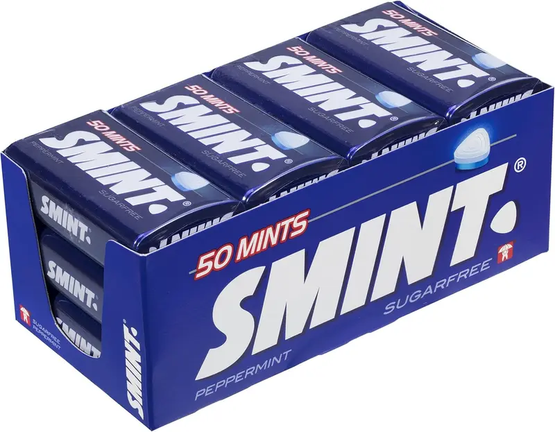 Smint Tin Menta, pack de 12 latas de 35 gr. Caramelos comprimidos sin azúcar con un potente sabor a menta para un golpe de frescor intenso y duradero en cualquier momento.