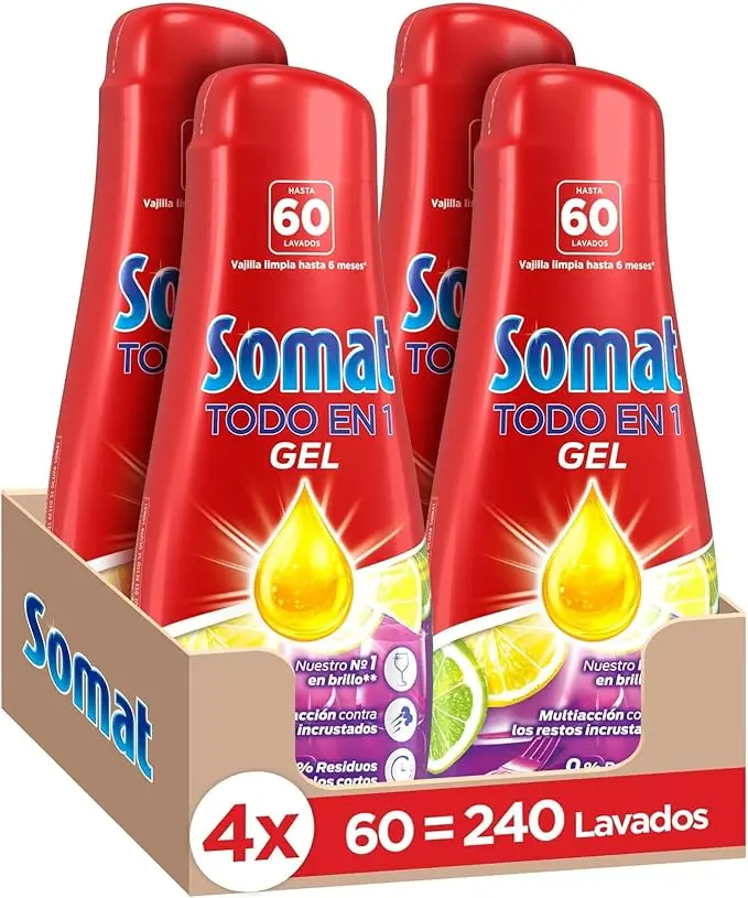 Somat Todo en 1 Gel Lavavajillas Lima y Limón, Pack de 4 (240 Lavados). Detergente líquido multiacción para una limpieza potente incluso en ciclos cortos y un brillo impecable.