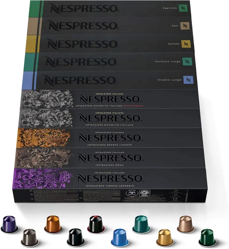 Surtido de 100 Cápsulas de Café Nespresso Original. Un pack mixto con 10 variedades de espresso y lungo para descubrir tu favorito. Compatible con cafeteras Nespresso Original.