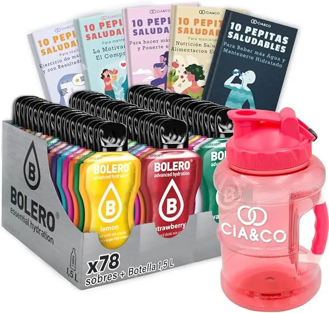 Surtido de 78 Sobres de Bebida Bolero Mix (78x9g) con Botella Rosa de 1.5L. Fórmula saludable sin azúcar, sin gluten y con Vitamina C. Incluye 50 Pepitas Saludables Cia&Co.