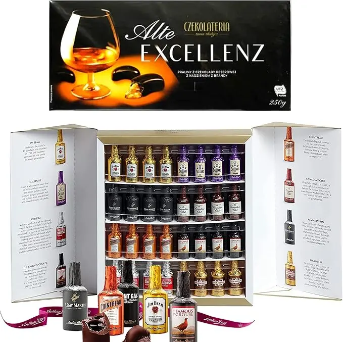 Surtido de Bombones de Licor, Pack Regalo con 94 Unidades. Incluye Botellitas de Chocolate con Licor Anthon Berg y Bombones de Coñac Alte Excellenz. Una experiencia gourmet única.