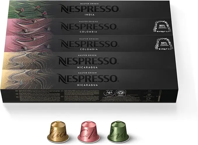 Surtido Master Origins Nespresso Original, pack de 50 cápsulas. Un viaje por los sabores de Indonesia, India, Colombia, Nicaragua y Peru Organic.