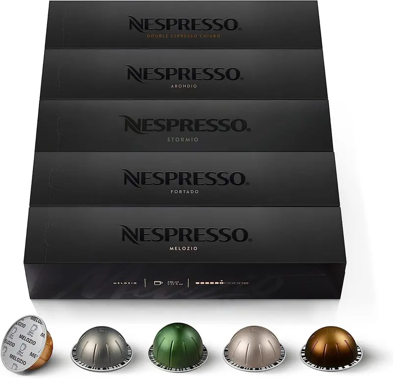Surtido Nespresso Vertuo 50 Cápsulas Multiformato. Selección de cafés para Mug (230ml), Gran Lungo (150ml) y Doble Espresso (80ml). Incluye Melozio, Fortado, Stormio, Arondio y Chiaro.