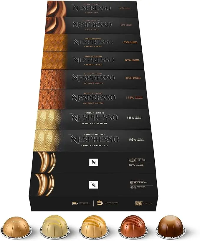 Surtido Nespresso Vertuo Barista Creations 100 Cápsulas. El pack definitivo para recetas con leche, incluye Vainilla, Caramelo, Avellana, Bianco Doppio y Bianco Forte. Para cafeteras Vertuo.