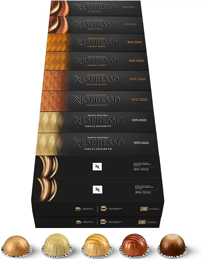 Surtido Nespresso Vertuo Barista Creations 200 Cápsulas. Mega pack para recetas con leche, 40x Vainilla, 40x Caramelo, 40x Avellana, 40x Bianco Leggero y 40x Bianco Forte. Para Vertuo.