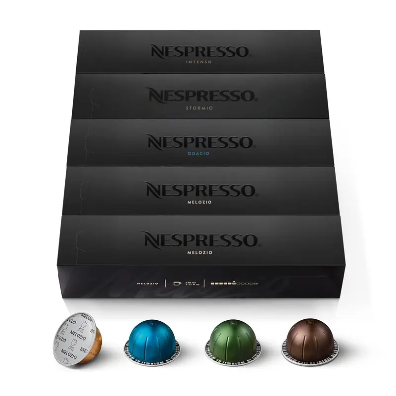 Surtido Nespresso Vertuo Signature 50 Cápsulas para Taza Mug (230ml). Selección de cafés de tueste medio a oscuro, incluyendo Melozio, Odacio, Stormio e Intenso para máquinas de café Vertuo.