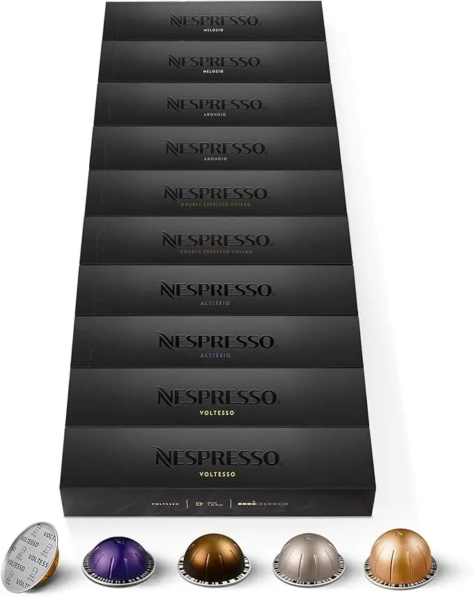 Surtido Nespresso Vertuo Top Selection 100 Cápsulas. Pack con los 5 cafés más vendidos para todos los tamaños