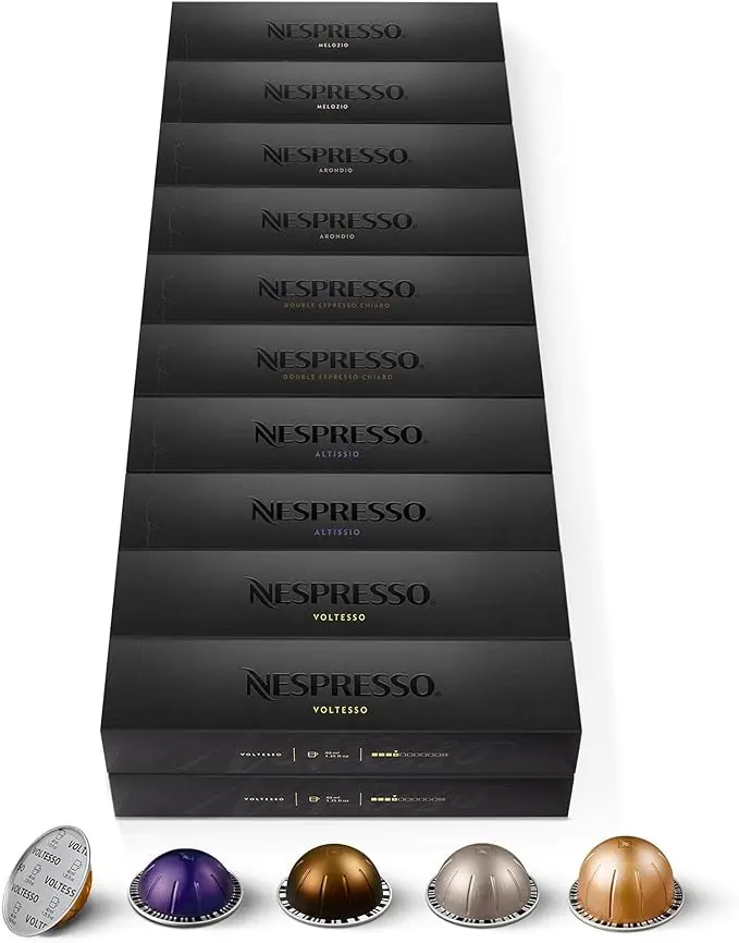 Surtido Nespresso Vertuo Top Selection 200 Cápsulas. Mega pack con los 5 cafés más vendidos en todos los tamaños