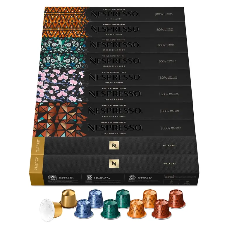 Surtido World Explorations Nespresso Original, pack de 100 cápsulas. Descubre 5 cafés Lungo del mundo y el suave Espresso Volluto en esta colección única.