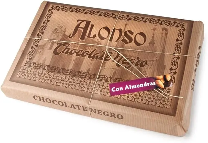 Tableta de Chocolate Negro Intenso con Almendras ALONSO XXL 900g. Para los amantes del cacao puro. Un manjar artesano de Astorga con los mejores cacaos.