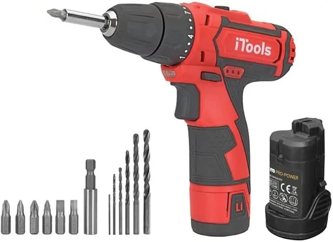 Taladro atornillador inalámbrico iTools de 12V con batería de litio de 1.5Ah de carga rápida. Incluye luz LED, función reversible y maletín con 13 accesorios.