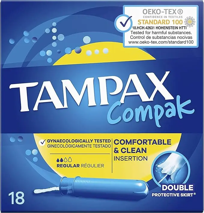 Tampax Compak Regular, 18 Tampones con Aplicador. Protección segura contra fugas para flujo ligero a medio, con aplicador compacto para una máxima discreción y comodidad.