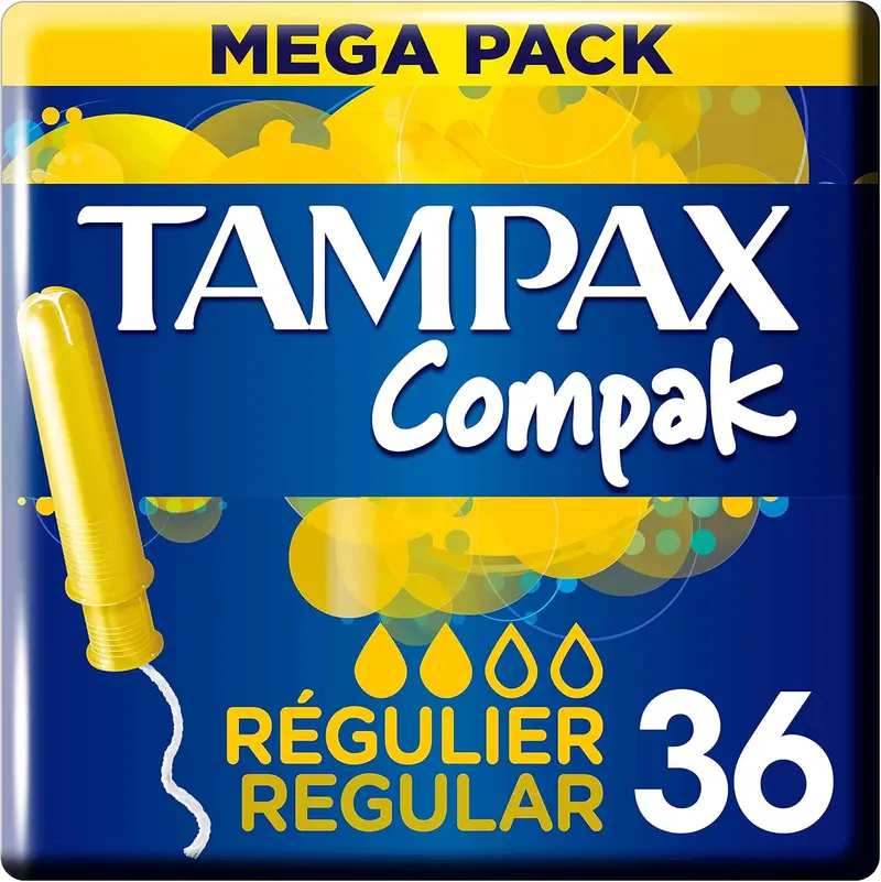 Tampax Compak Regular Tampones con Aplicador, 36 unidades. Protección antimanchas eficaz y discreta para flujo ligero a medio en un formato ahorro de larga duración.