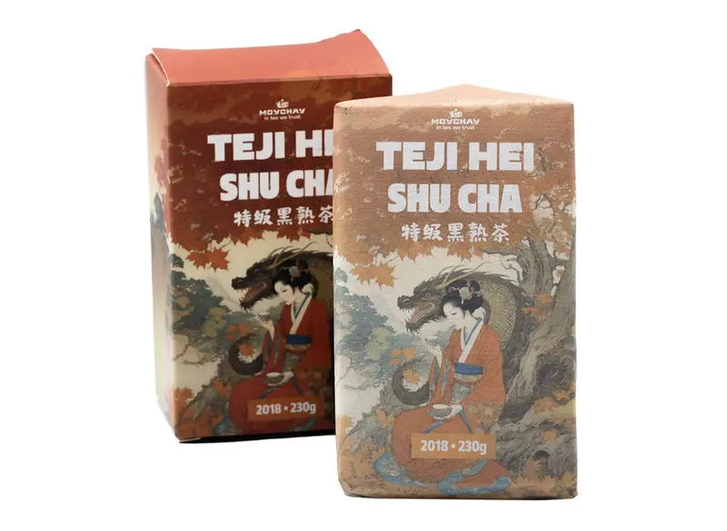 Teji Hei Shu Cha, 2018 (Jinhua, "flores doradas", té oscuro añejado característico de Moychay de Anhua, provincia de Hunan, 2018), ladrillo de 230 g