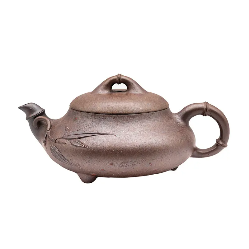 Tetera de arcilla yixing cocida a leña con hoja de bambú y jade aplanado #94820