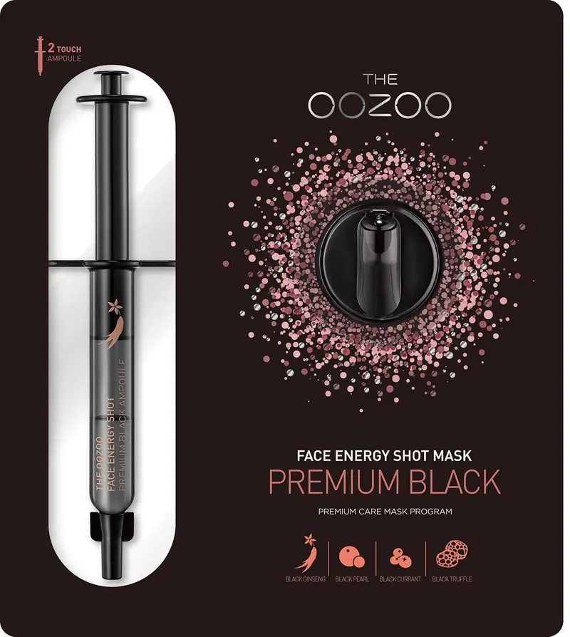 The Oozoo Face Energy Shot Mask Premium Black, mascarilla facial coreana con jeringa activadora para revitalizar, purificar e iluminar las pieles cansadas y apagadas.