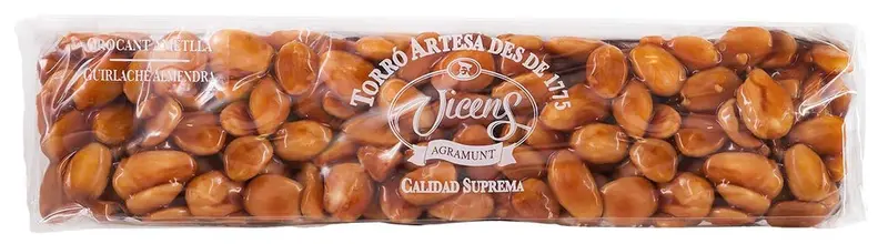 Torrons Vicens Turrón de Guirlache con Chocolate, 300g. Turrón artesanal con un 60% de almendra Marcona, crujiente caramelo y una fina capa de intenso chocolate negro.