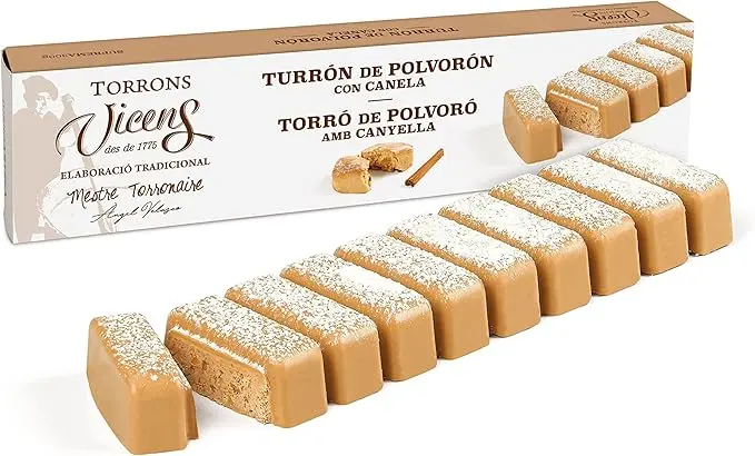 Torrons Vicens Turrón de Polvorón con Canela, 300g. La fusión perfecta de dos dulces navideños en una tableta artesanal de textura suave y un delicioso aroma a canela.