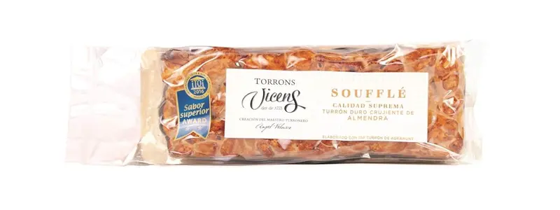 Torrons Vicens Turrón Soufflé Duro Crujiente de Almendra con Chocolate, 300g. Una versión artesanal del turrón duro, con una textura ligera y aireada única.