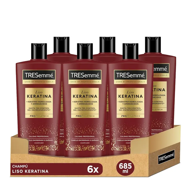 TRESemmé Champú Liso Keratina, Pack de 6 x 685 ml. Champú bajo en sulfatos con Aceite de Marula y Keratina para controlar el encrespamiento hasta 72h y conseguir 5 beneficios.