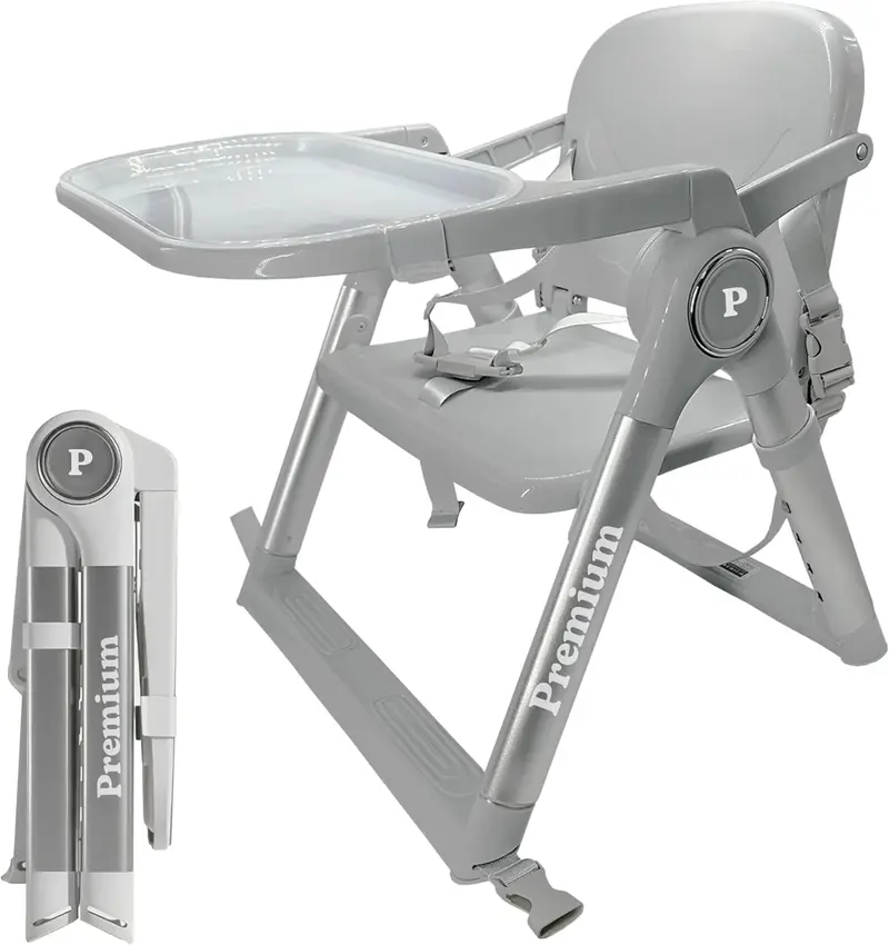 Trona Portátil Plegable Premium 2 en 1 para Bebé con Bandeja y Bolsa de Transporte, 4 Alturas Ajustables, Elevador de Silla Seguro 6-36 Meses (Gris + Plata)