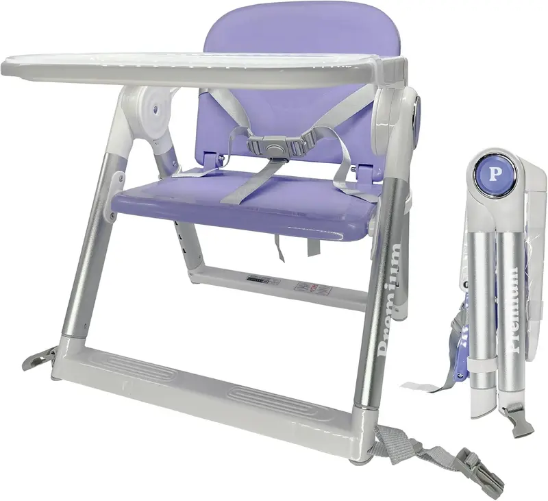 Trona Portátil Plegable Premium 2 en 1 para Bebé con Bandeja y Bolsa de Transporte, 4 Alturas Ajustables, Elevador de Silla Seguro 6-36 Meses (Lila + Plata)