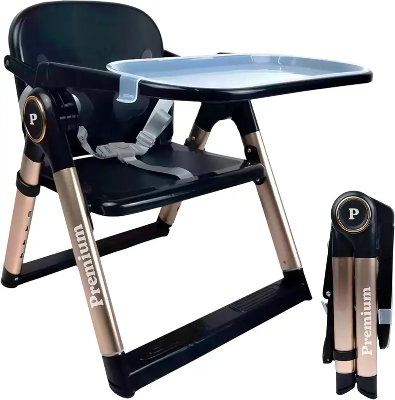 Trona Portátil Plegable Premium 2 en 1 para Bebé con Bandeja y Bolsa de Transporte, 4 Alturas Ajustables, Elevador de Silla Seguro 6-36 Meses (Negra + Dorado)