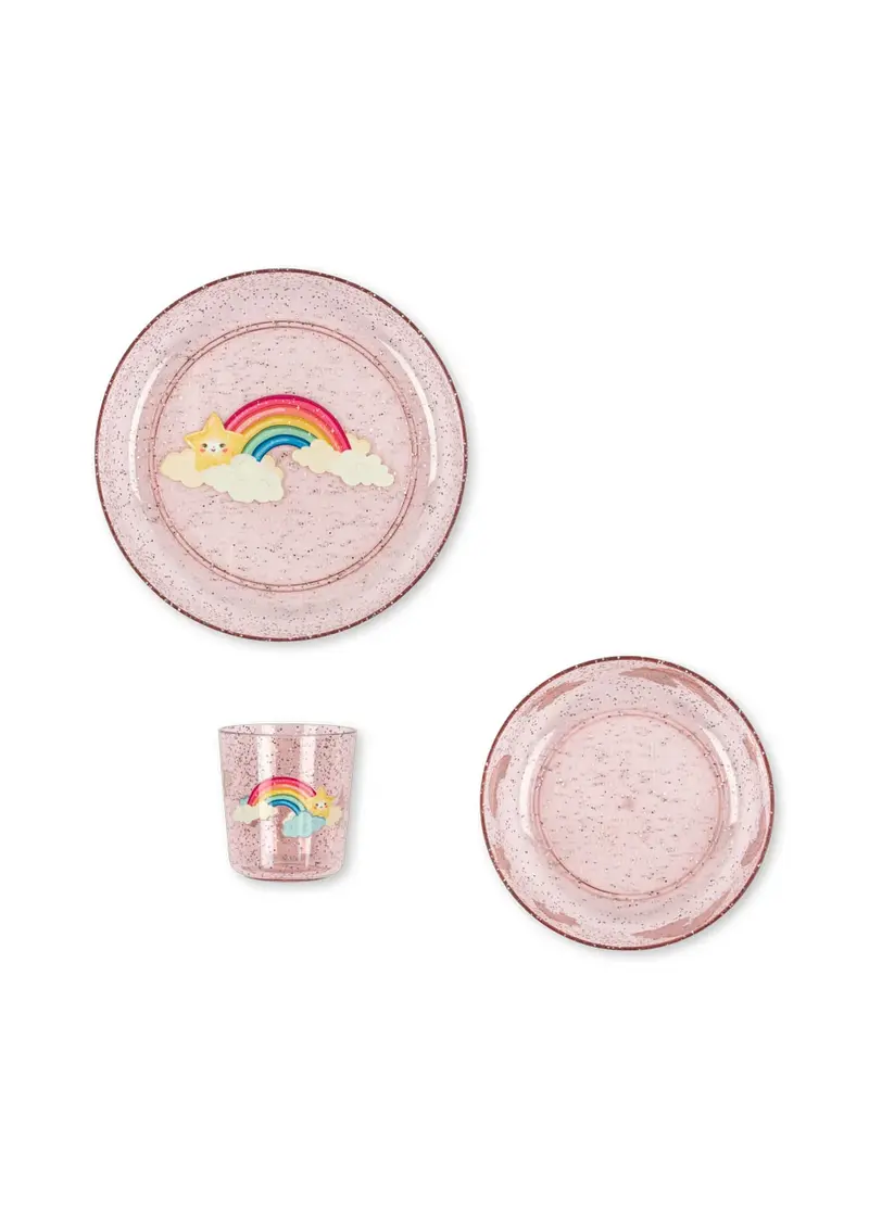Vajilla Infantil de Purpurina con Arcoíris – Set de 3 piezas