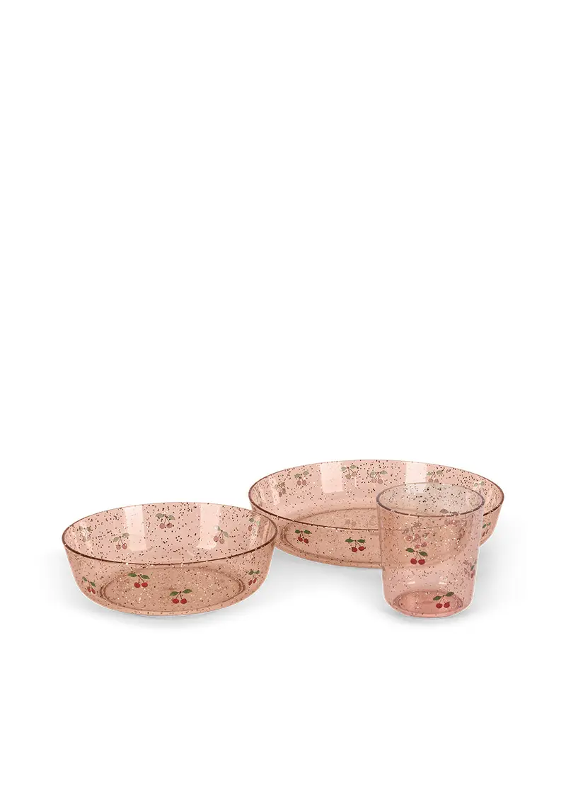 Vajilla Infantil Glitter con Cerezas – Set de 3 piezas