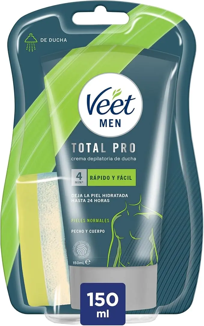Veet Men Crema Depilatoria Corporal para Ducha, 150 ml. Para piel normal, elimina el vello de forma rápida y eficaz en espalda, pecho, brazos y piernas, hidratando la piel.