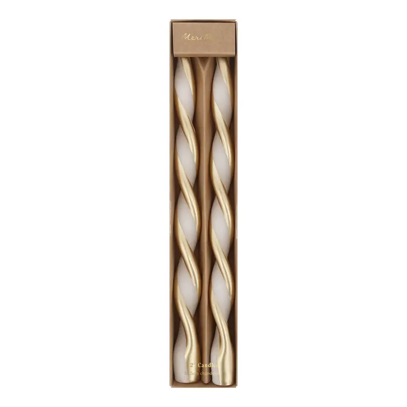 Velas Retorcidas Marfil con Rayas Doradas – Pack de 2