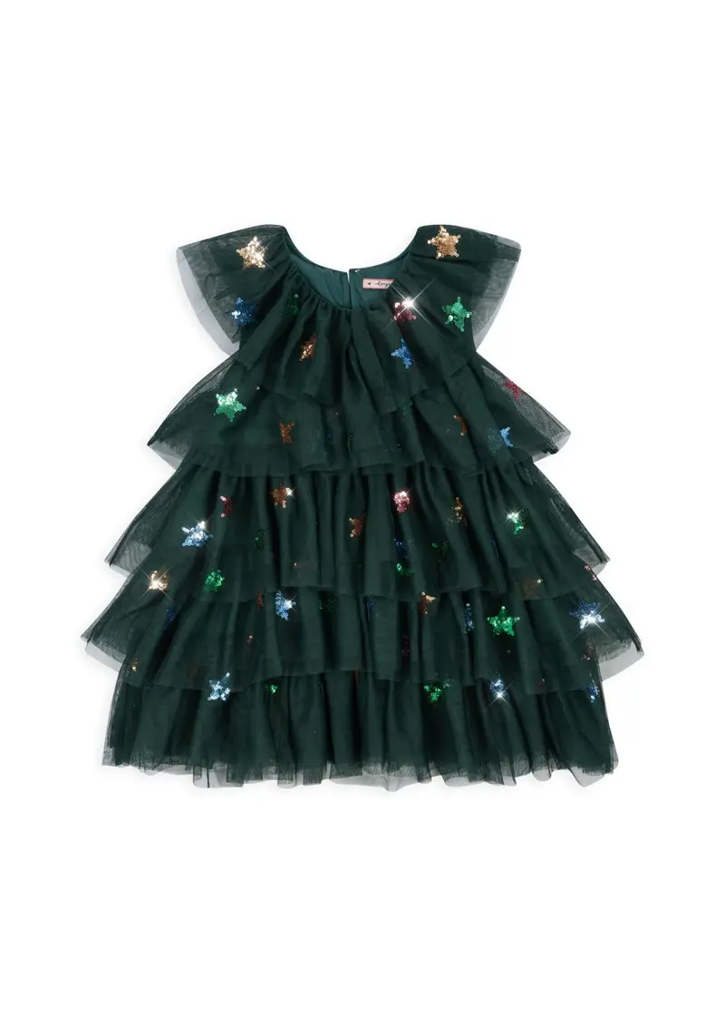 Vestido navideño de tul verde con lentejuelas