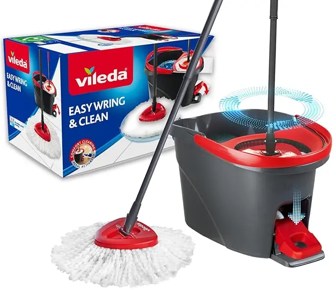 Vileda Easy Wring & Clean, Sistema de Limpieza Completo con Cubo a Pedal y Fregona Giratoria 2 en 1. La solución definitiva para un fregado cómodo y sin salpicaduras.