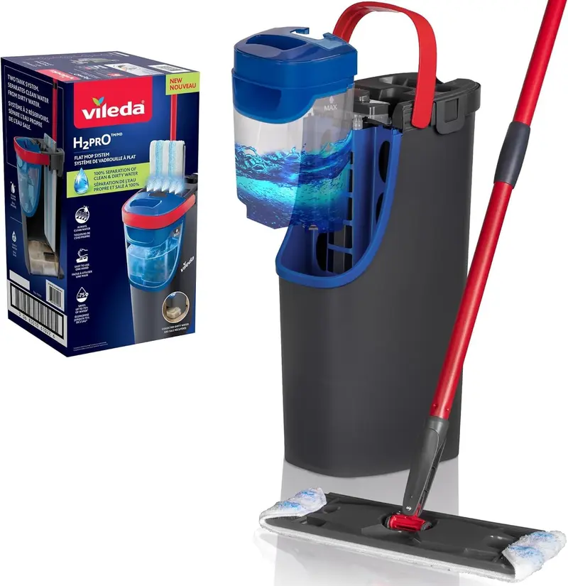 Vileda H2prO Fregona Plana con Cubo – Sistema Doble Depósito Agua Limpia y Sucia – Limpieza Más Higiénica y Sin Esfuerzo