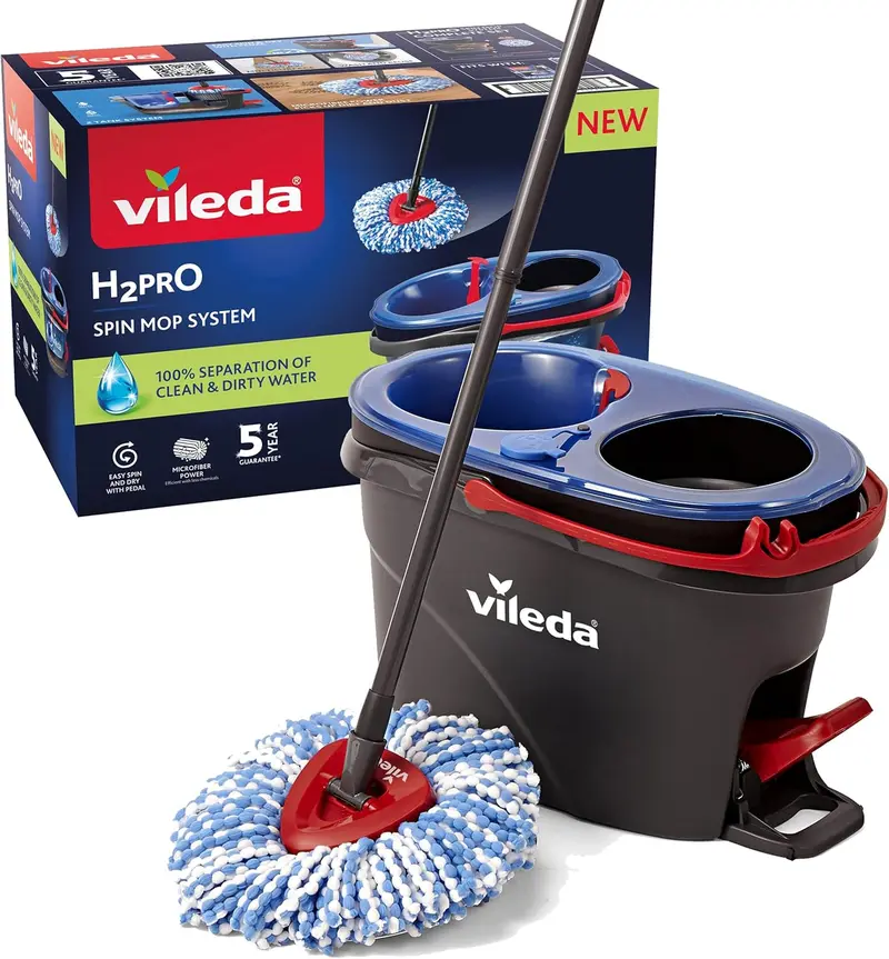 Vileda H2PrO Spin Fregona con Pedal – Doble Depósito Agua Limpia y Sucia – Escurrido sin Esfuerzo y Limpieza Profesional