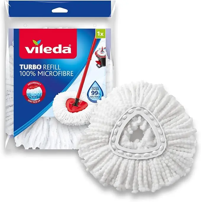 Vileda Turbo Classic Recambio de Fregona, 1 unidad. Mopa de microfibras con cordones extra absorbentes que elimina el 99% de bacterias solo con agua en todo tipo de suelos.