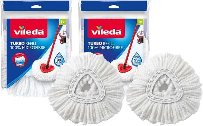 Vileda Turbo Classic Recambio de Fregona, Pack de 2 cabezales. Mopa de microfibra súper absorbente y eficaz contra la grasa, con diseño triangular para una limpieza total.
