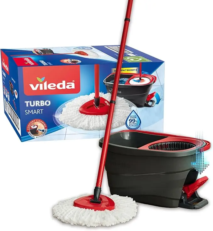 Vileda Turbo Smart, Sistema de Fregado con Cubo y Pedal. Fregona giratoria con escurrido fácil por centrifugado, cabezal de microfibra y mango de 3 piezas.