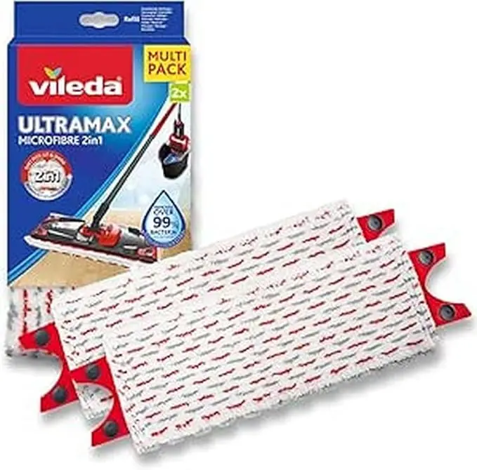 Vileda UltraMax Power 2en1 Recambio para Mopa Plana, Pack de 2 Unidades. Almohadillas de microfibra para una limpieza y brillo superiores en todo tipo de suelos, incluso parqué.