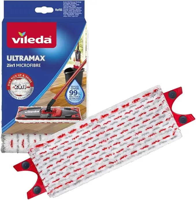 Vileda UltraMax Recambio de Mopa, 1 Unidad. Almohadilla de microfibra 2en1 para sistemas UltraMax y 12SprayMax, elimina el 99% de las bacterias solo con agua.