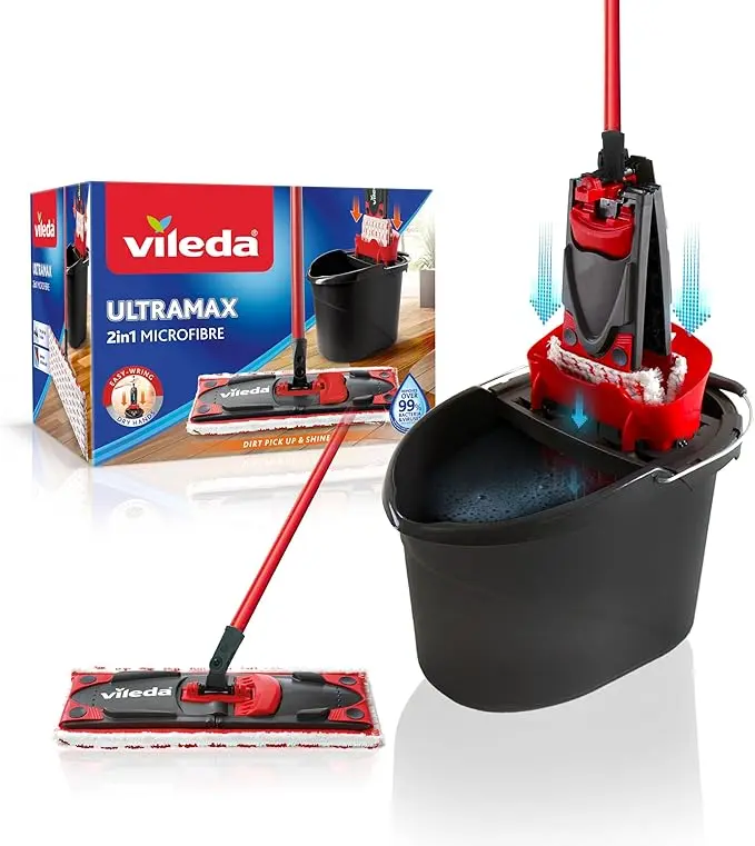 Vileda Ultramax, Set de Mopa Plana y Cubo con Escurridor. Sistema de limpieza para todo tipo de suelos que elimina la grasa y las manchas más difíciles, en seco y en mojado.