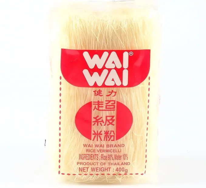 Wai Wai Fideos de Arroz Vermicelli, 400 gr. Fideos finos de arroz naturalmente sin gluten, de cocción rápida, ideales para preparar ensaladas, sopas y salteados asiáticos.