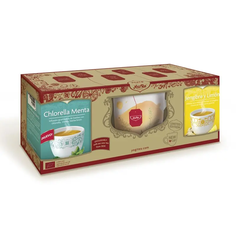 Yogi Tea jengibre y limon, chorella menta + taza